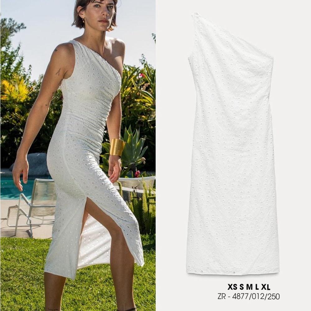 Zara NWT white asymmetric eyelet midi dress 4877/012
